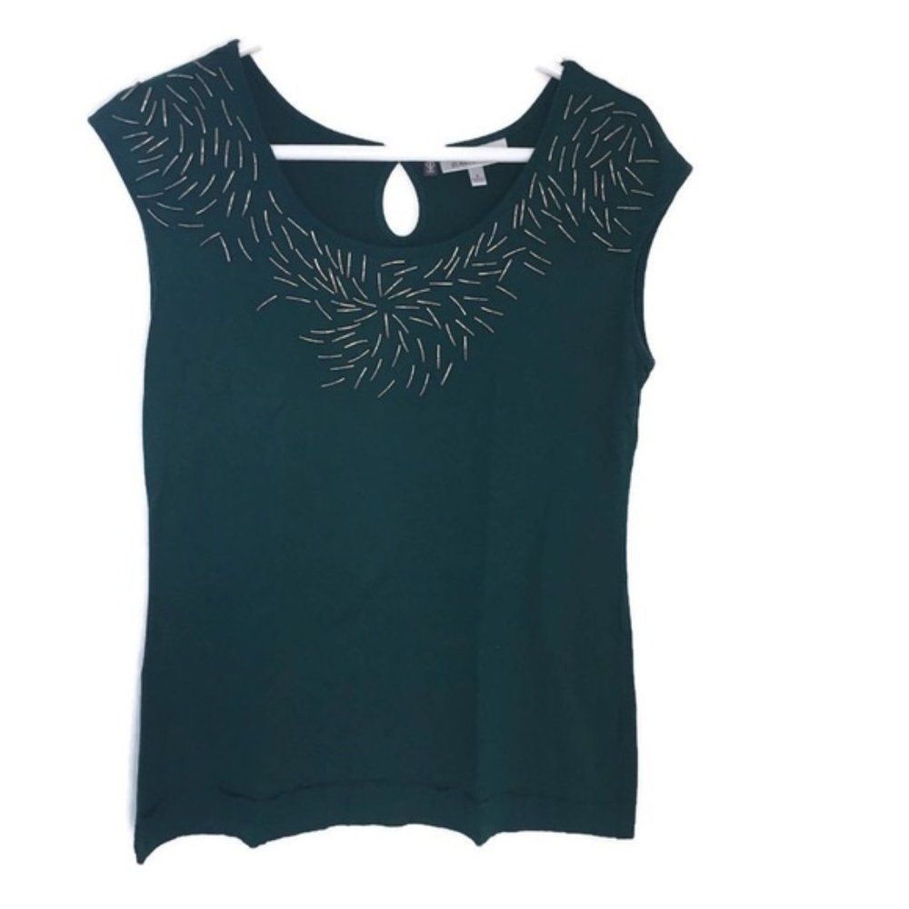 Dark Green Jennifer Lopez Beaded Sleeveless Top
